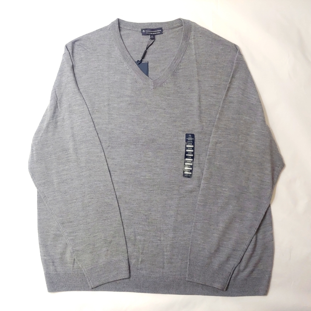 Hart Schaffner Marx men 2XB Extra Fine Merino Wool V-Neck Pullover Sweater Gray